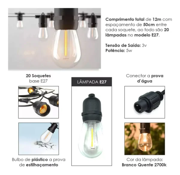 GAMBIARRA (VARAL) SOLAR C/ 20 LÂMPADAS 12M TB-1879 LUCKFOYU - Image 3